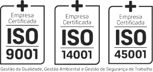 Selos de certificação ISO 9001, ISO 14001, ISO 45001.